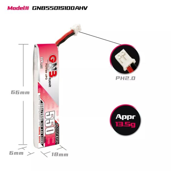 GNB Battery 3.8V 100C 550mAh 1S HV PH2 Cable - Image 3