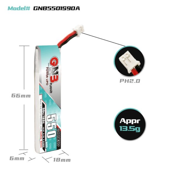 GNB Battery 3.7V 90C 550mAh 1S PH2 Cable - Image 2